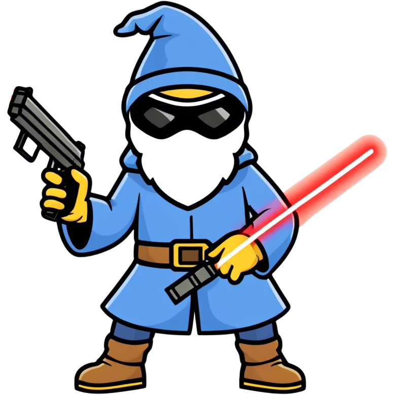 Wizard with ski mask on and gun with laser beam emoji