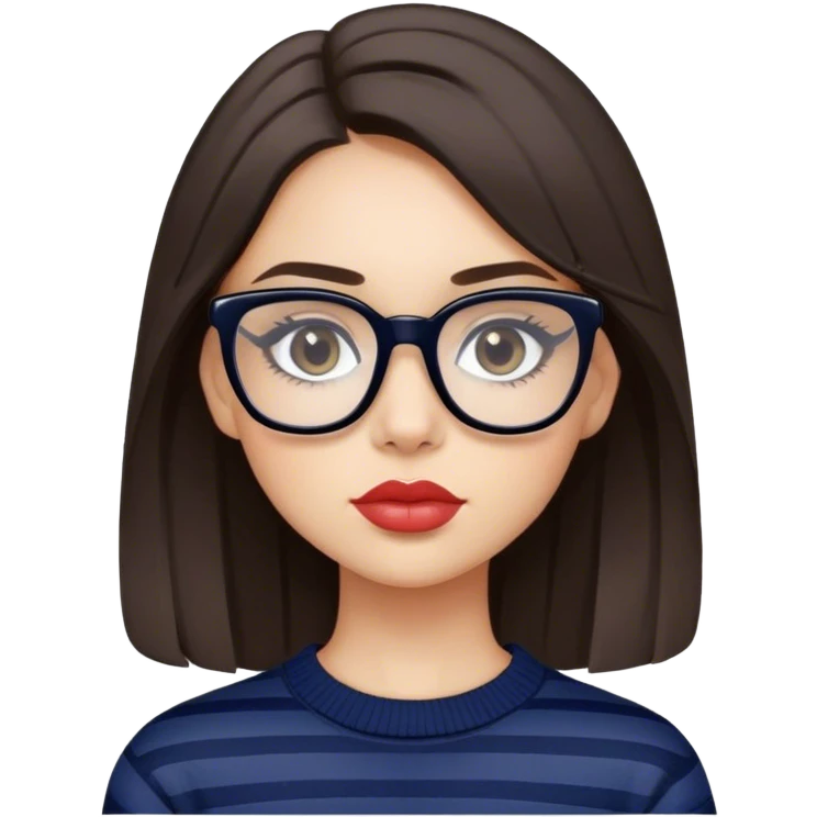 Brunette girl with gray eyes, black semi square glasses wearing a navy sweater with white stripes and lip gloss emoji