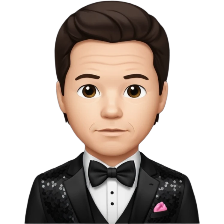 Mark Wahlberg with dark brown hair, black sequin suit with bow tie emoji