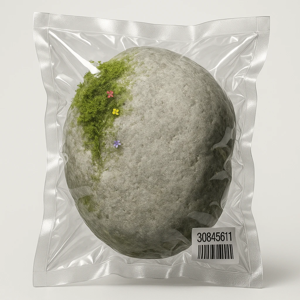 smooth light gray boulder, mostly stone with some green moss and a few tiny multicolored flowers, shiny and inflated emoji
