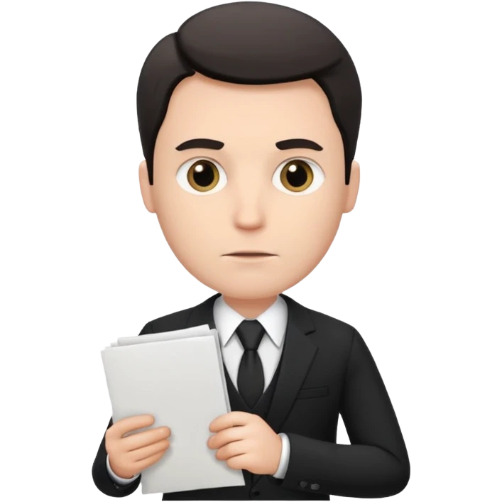 A white man in a black suit stands with a serious face and points at his hand holding papers. emoji