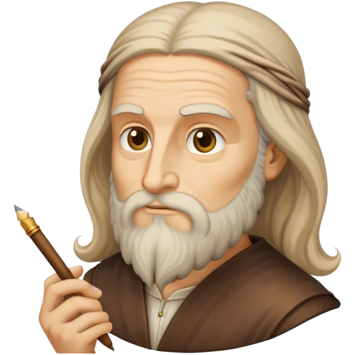 Cinematic Realistic Leonardo da Vinci Portrait Emoji, depicted as the quintessential Renaissance polymath with deep, thoughtful eyes, a flowing beard, and a quill or sketchbook in hand. The scene is illuminated with warm, classical lighting, evoking the atmosphere of a master artist’s workshop, surrounded by early sketches of inventions and masterpieces like the Mona Lisa. emoji
