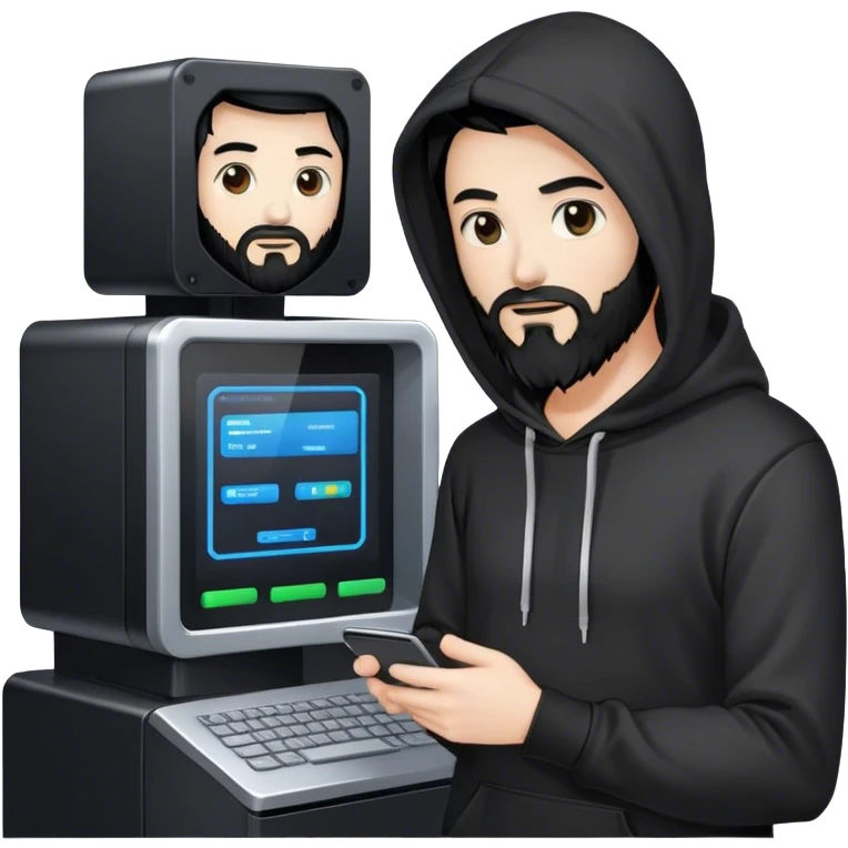 hackeur blanc cheveux noir barbe et capuche noir à côté d'un server ia emoji