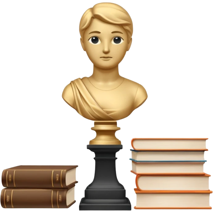 Minimalistic flat vector icon, iOS style, thin black contour on white background. Bust statue on a small pedestal next to a stack of books, symbolizing classic literature. Clean, no text, no shadows emoji