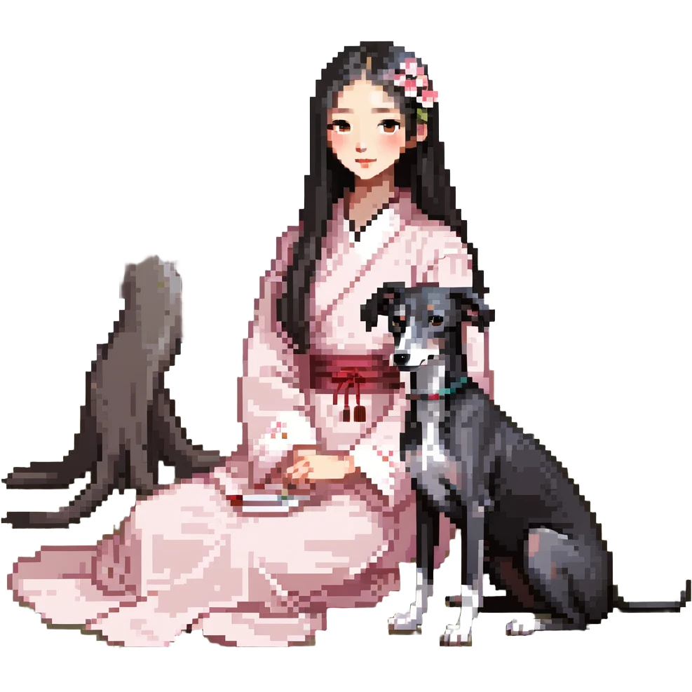 A young Chinese girl with long black hair and a dark grey Italian Greyhound with absolutely no white marks on its body or nose sitting under a cherry blossom tree emoji