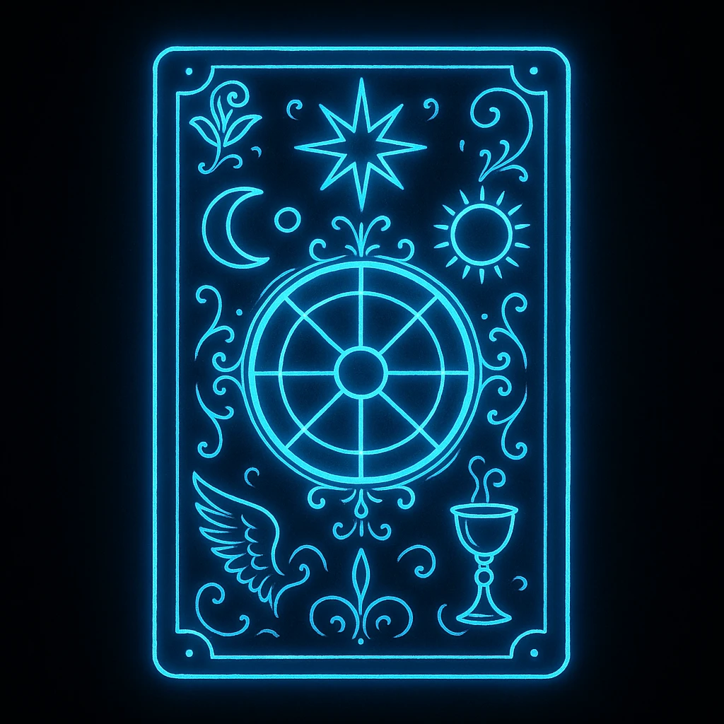 a neon blue tarot card, luminous, with ornate symbols, dark backdrop emoji