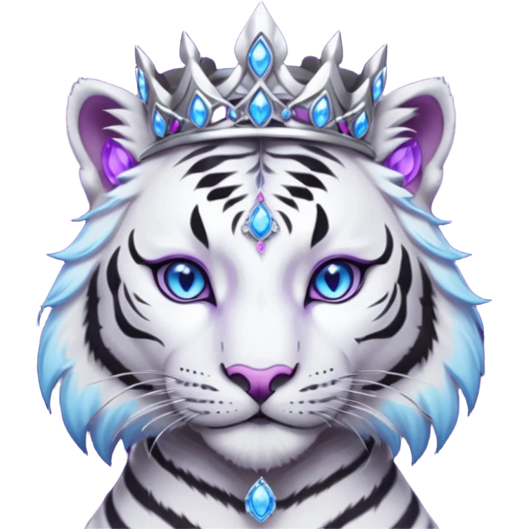 ESO Female white/black tiger khajiit leader of the umbral rose, glowing blue eyes, glowing blue 'third eye' gem; beautiful desined purple gemmed silver tiara emoji