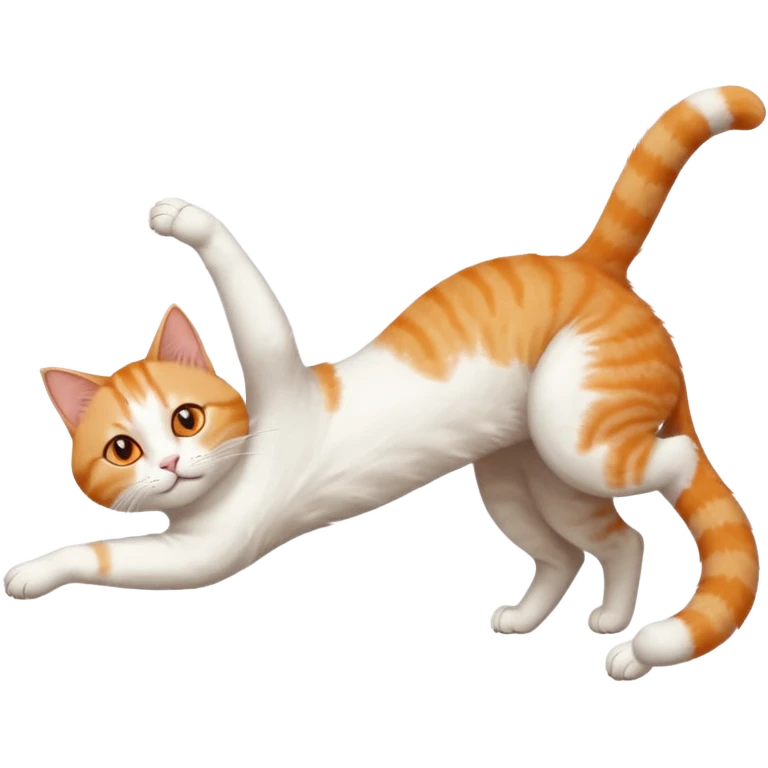 ginger and white cat with orange eyes doing a big extremely long stretch reaching up into the air with arms and legs side by side together straight and overextended whilst lying on its side emoji
