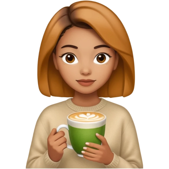 Mixed-race woman with caramel skin, wearing a beige cashmere sweater, holding a cup of matcha latte emoji