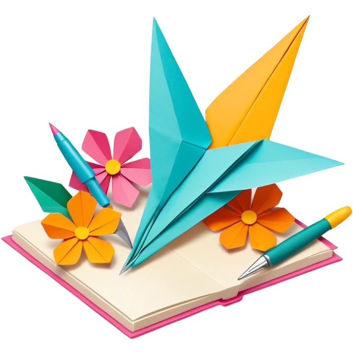 "Paper crafting icon, various paper crafts like origami, paper flowers, and scrapbooking materials, visible tools such as scissors, glue stick, and paper sheets, colorful paper patterns, minimalistic style, clean lines, transparent background." emoji