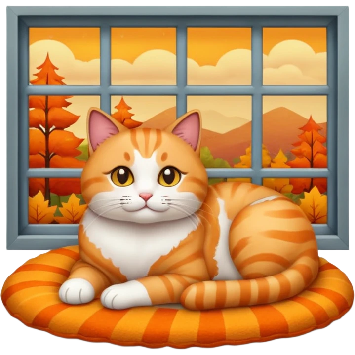 curled-up cat emoji on a rug with a rainy window and autumn tones in the background emoji