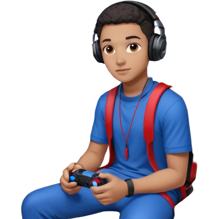 Black Muslim gamer sitting in a gaming setup with LED lights (red/blue), PS5 2025 controller in hand, confident pose, headphones around neck, posters and shelves in background, high-resolution portrait, crisp details, cinematic lighting. emoji
