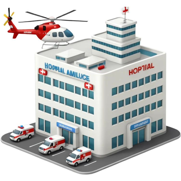 3d hospital outside, with text hospital, ambulance, helicopter , no background emoji