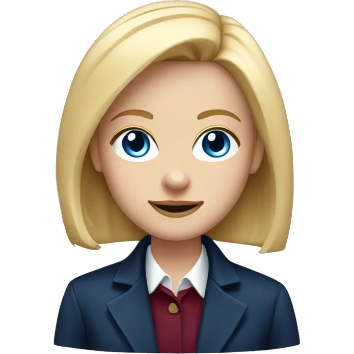 portrait of an adult girl, blue eyes, straight long bob blond hair, dark blue jacket suit, burgundy red collar under emoji