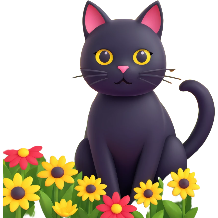 A black cat with a flower on its head in a field of flowers emoji