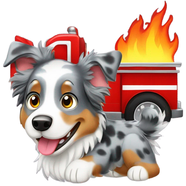 Blue Merle Australian Shepard riding in fire truck emoji