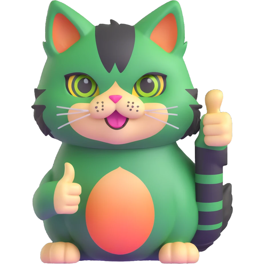 tricolor fluffy cat with big green eyes giving thumbs up emoji