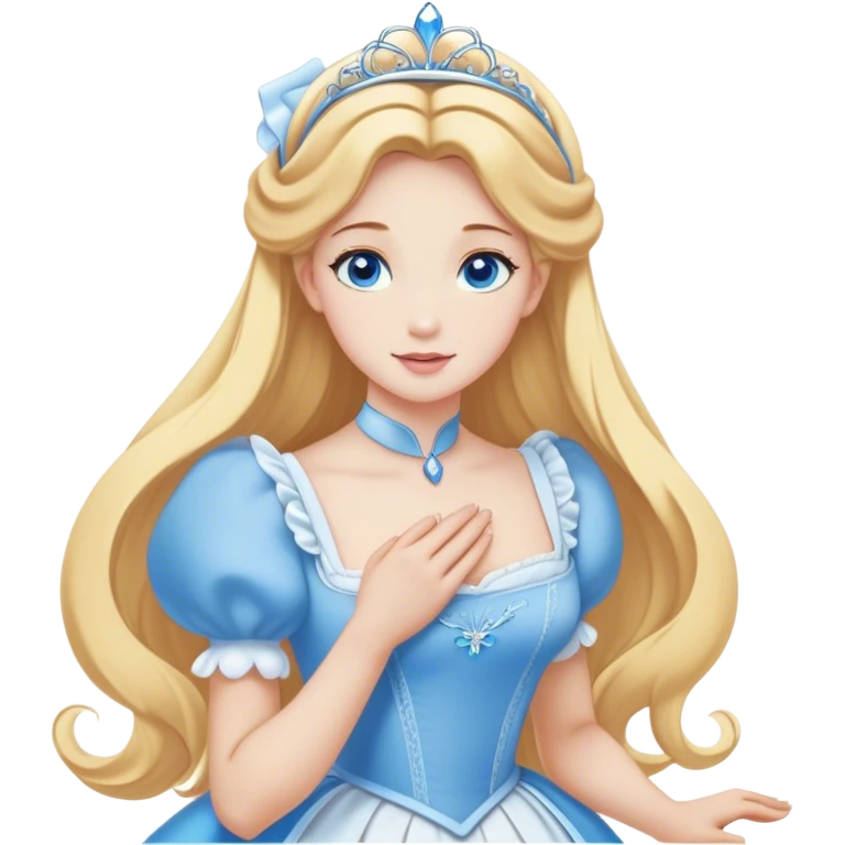 Cinematic Elegant Cinderella Portrait Emoji, Graceful and poised in her classic maid attire, golden locks cascading softly, bright blue eyes full of hope, a gentle glow of kindness and determination, delicate and humble yet undeniably beautiful, evoking the moment before her magical transformation, pure enchantment in her gaze! emoji