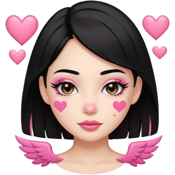“Emoji girl, pastel pink streaks in black hair hair, bold winged eyeliner, heavy blush on cheeks and nose bridge, under-eye hearts, glossy pink lips, playful smirk.” emoji