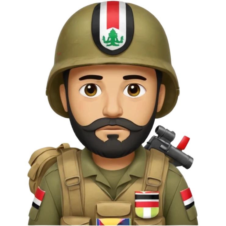 A very tired and sad, swarthy Iraqi soldier with a beard, an Iraqi flag on his helmet, a sad expression and bags under his eyes emoji