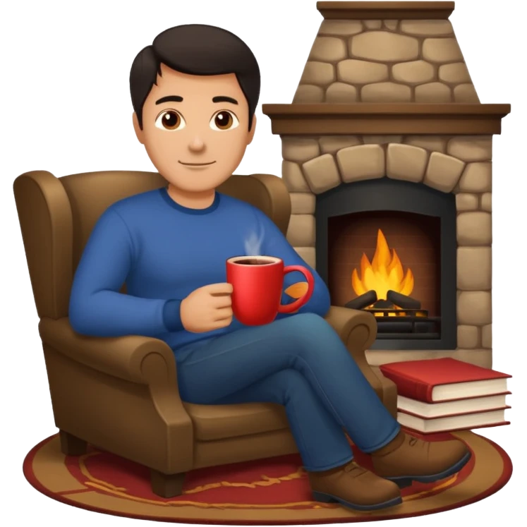 Handsome 45 year old man with dark hair sitting by a fireplace with a hot drink and a book. emoji