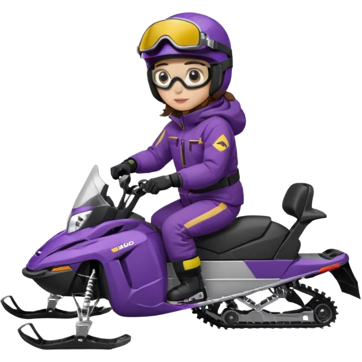 Brown hair, ski-doo jacket and pants ski doo boots helmet and goggles, dark purple sled Sitting on dark purple snowmobile goggles and helmet not covering my face brown eyes white skin emoji
