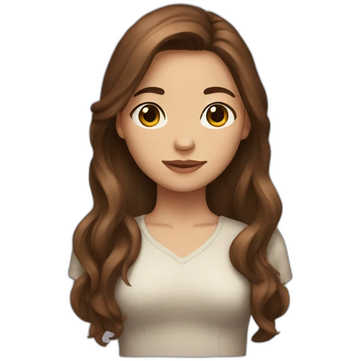 brown-haired woman with long hair, brown eyes, showing a heart emoji