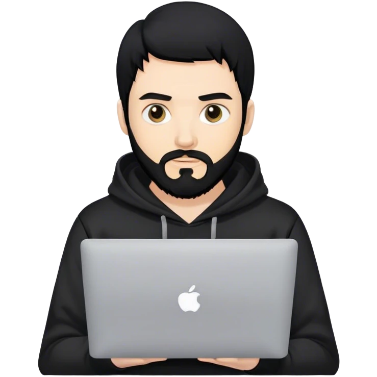 hackeur blanc cheveux noir barbe et capuche noir avec un macbook emoji