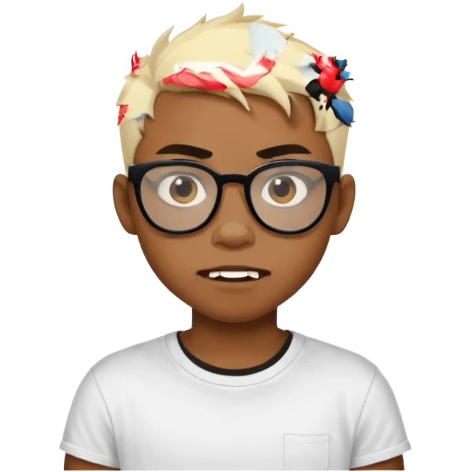 Black Male Teenager with Short punk messy blonde hair, Dark brown bushy eyebrows large expressive golden-brown eyes, wearing a plain white t-shirt, wearing thick black glasses, Dark Brown skin color. vampire tooth emoji