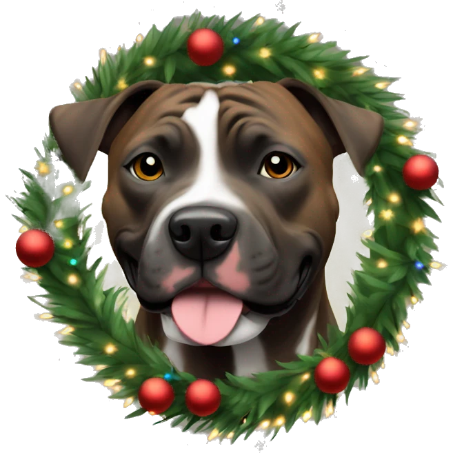 All brindle pittie wearing a Christmas wreath Christmas lights around neck emoji