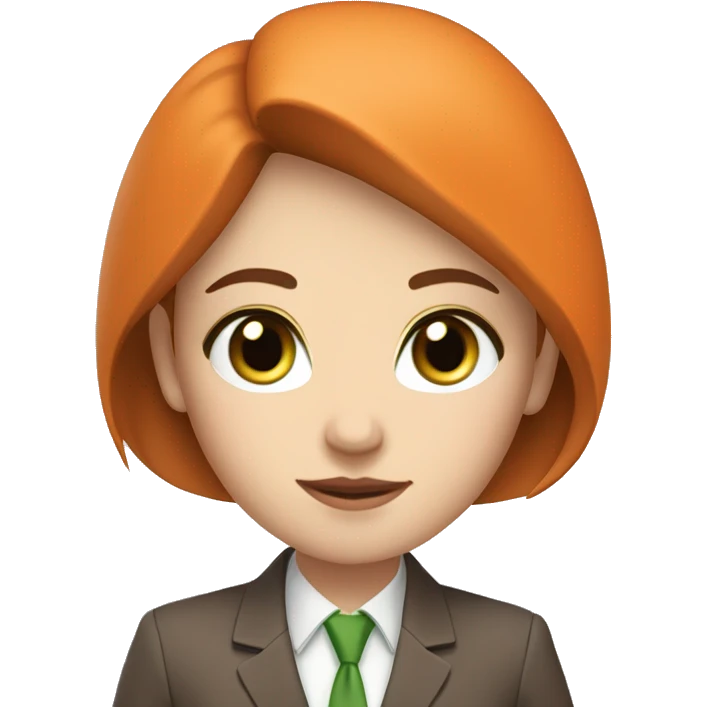 young woman with green eyes, pale white skin, and brown hair in an orange business suit emoji