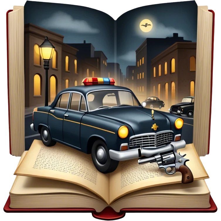 Icon for Action & Crime Reading: an open book with dramatic crime scenes—bullet holes on pages, a detective badge, a revolver and a getaway car. Surrounding elements include a flickering streetlight. Transparent background. emoji