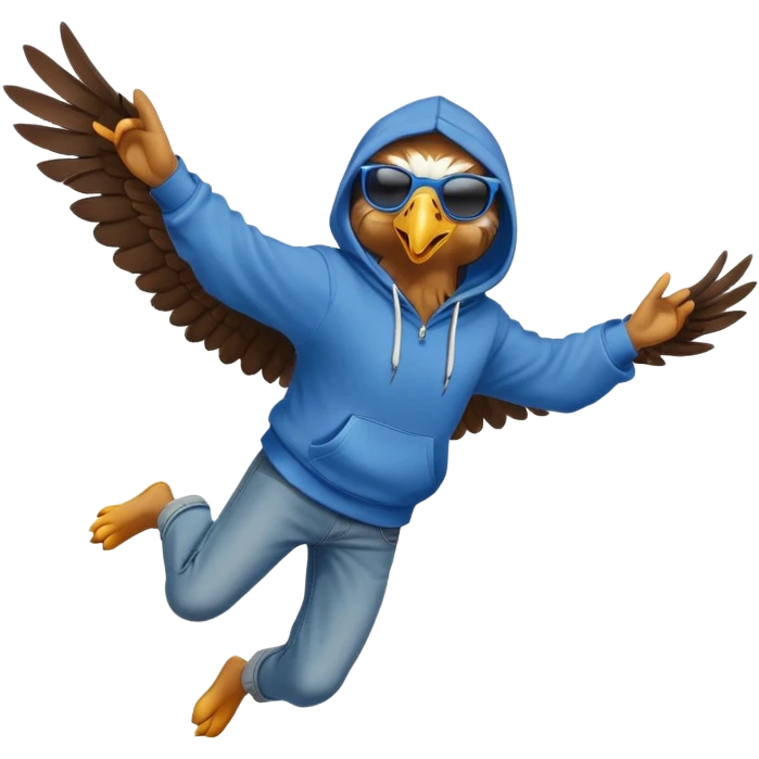 friendly anthropomorphised eagle with arms in a hoodie and jeans with sunglasses leaping, energetic pose emoji