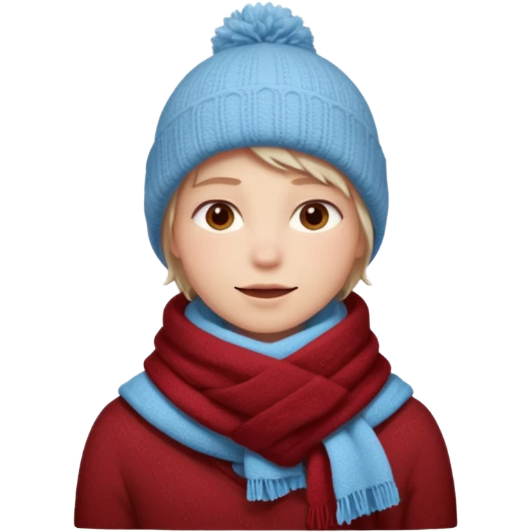 Fantasy human portrait emoji, deep red winter scarf covered with light frost, cozy but cold winter mood, slightly rosy cheeks, icy blue shadows, clean minimal emoji style, male/female variant
 emoji