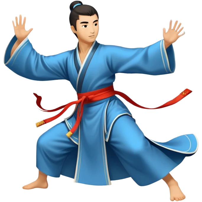 Emblem symbolizing Wushu martial arts. A graceful martial artist performs a dynamic kung fu pose, with flowing movements and a long, elegant robe. The background features stylized clouds and traditional Chinese symbols, representing fluidity, balance, and precision. Transparent background. emoji