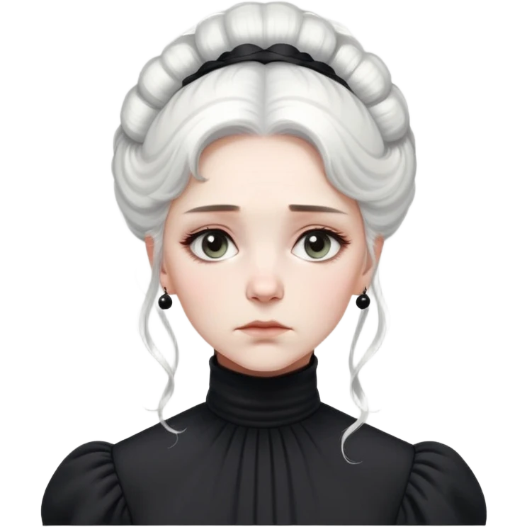 A Victorian woman with elegant coiffed white hair and light eyes wearing a modest unadorned monochrome black turtleneck mourning dress with puff sleeves looking down with a forlorn expression emoji