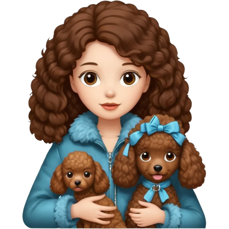 A girl who has long brown hair and wears a fur jacket holds a brown poodle emoji