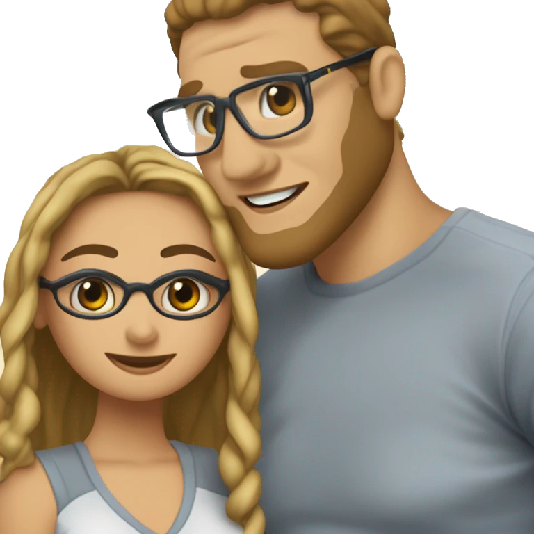 Hazme una pareja donde la mujer sea pelinegra, labios gruesos, piel trigueña, con gafas, y cabello largo. Dónde el hombre sea piel blanca, y el cabello pelicastaño. Y hayan 2 goldens en el medio  emoji
