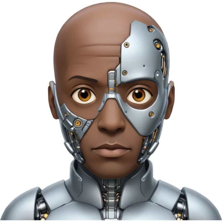 bald black man, vertical half of his face covered in cyborg augmentations emoji