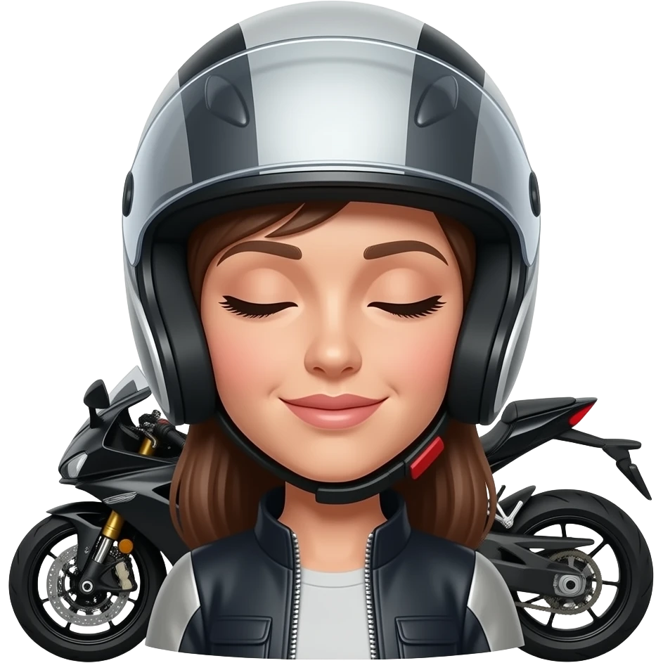 mulher com um capacete de mota que so aparece o olhos relaxados com cílios  e a mota ao lado emoji