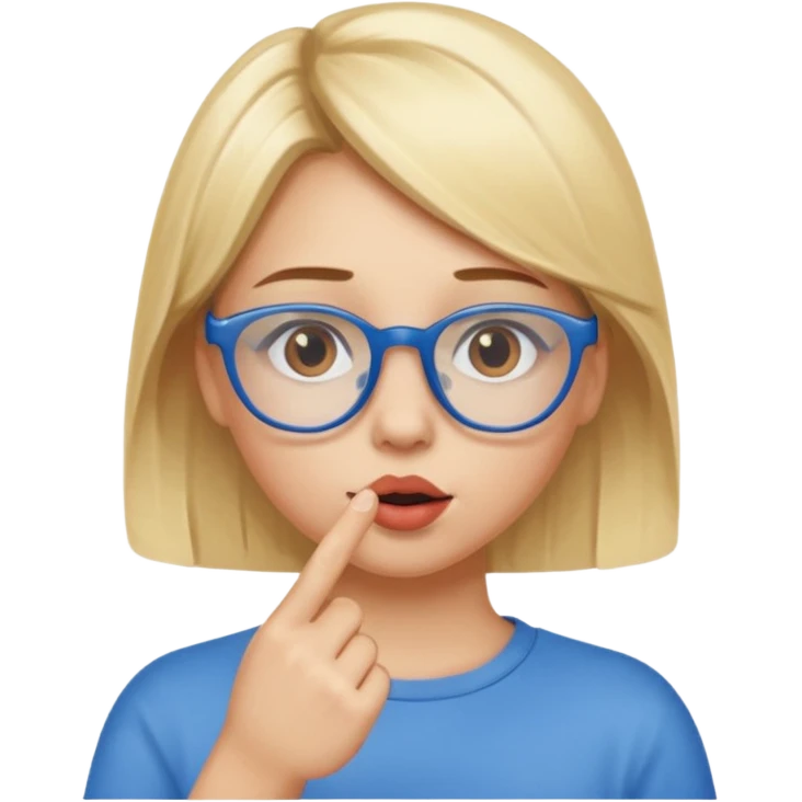 Blonde girl with brown eyes,  blue glasses saying shhhh with her finger to her lips emoji