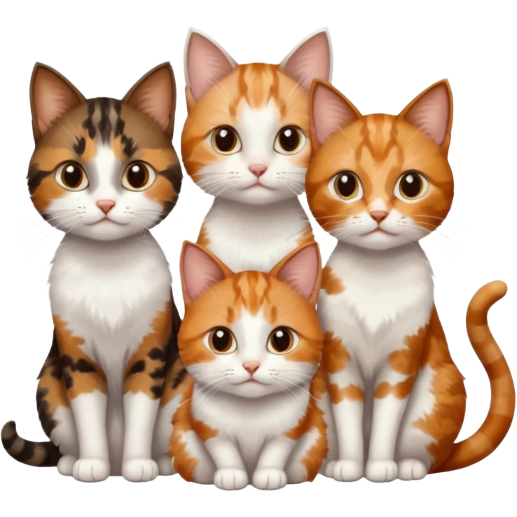 3 different coloured small cats including a dark brown tabby and white, and a patchy calico, and a ginger and white emoji
