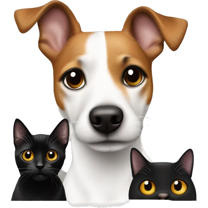 a jack russel terrier with black spots on face with 2 black cats emoji