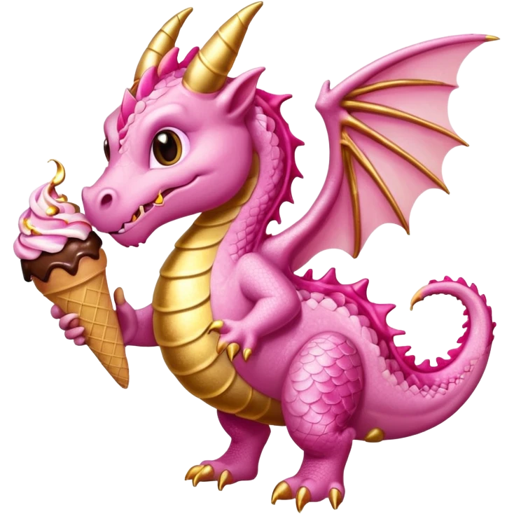 A dragon with its shiny glittered wings in pink tones and pink and gold legs, eats vanilla and chocolate ice cream emoji
