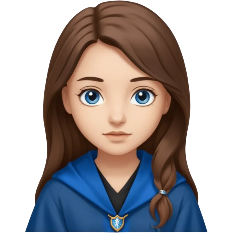 gorgeous Girl with light skin, blue eyes, long brown hair, wears ravenclaw black and blue robes  emoji
