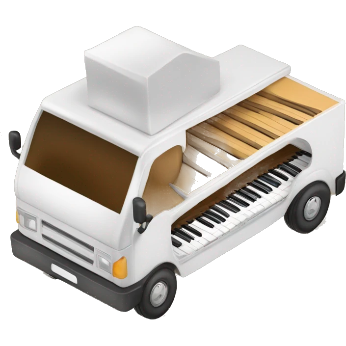 piano in a box truck, side angle , truck whit piano letters emoji