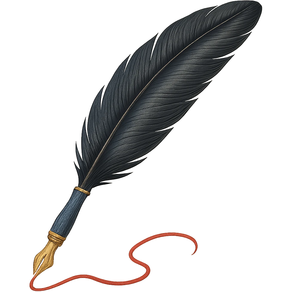 Quill pen with red ink, gold nib, black feather, blue handle, elegant literary style emoji