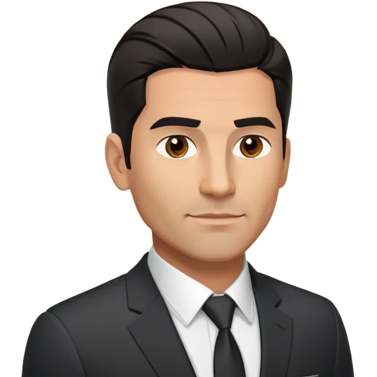 Handsome athletic Hispanic man in his late 40s with tan complexion, short black straight hair combed back with faded sides, square masculine face with defined jawline, neutral-friendly TV presenter expression, black suit jacket worn open with white button-up shirt visible emoji