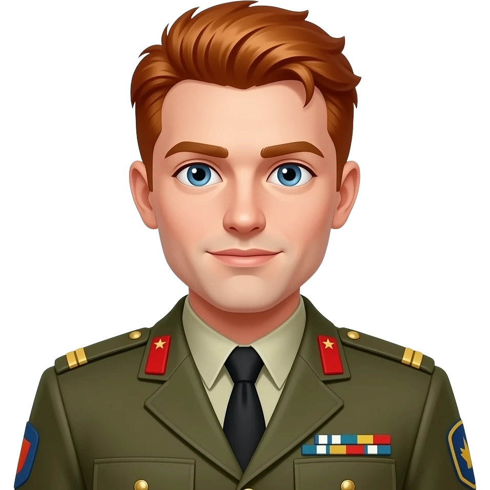 pure red haired  male in military uniform, closeup , front facing emoji