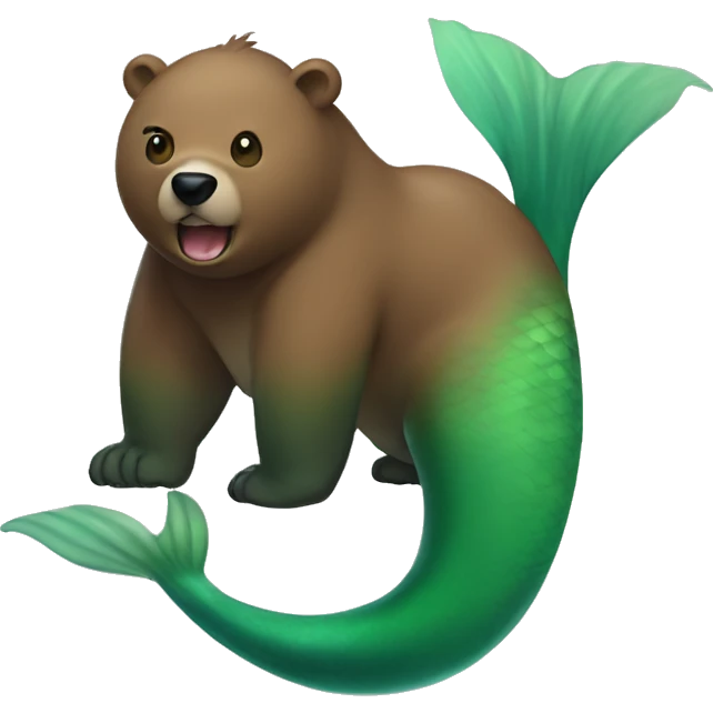 hybrid creature that has head and body of a brown bear and the green tail of a mermaid (merbear) emoji